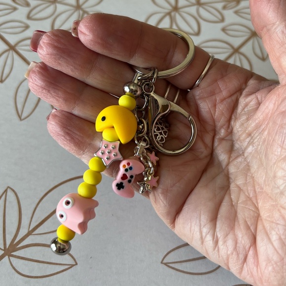 Unbranded - Handmade Other - Pacman Keychain with Pink Ghost and Yellow Charm - Pac Man Nostalgic